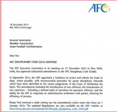 Walau Disanksi, PSSI dan Klub Harus Update Aturan Disiplin AFC 2016