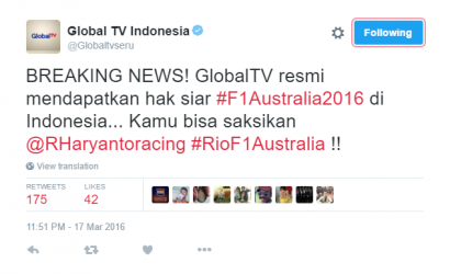 Global TV Resmi Siarkan F1 & Debut Rio Dimulai dari Sirkuit Albert Park, Melbourne, Australia