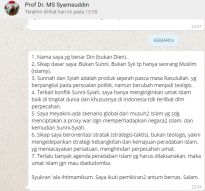 Klarifikasi KH. Prof Dr. Din Syamsudin MA, Menjawab Tulisan Saya dan Tuduhan Orang