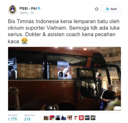 Vietnam Didenda atas Insiden Pelemparan Bus Timnas Indonesia di Piala AFF 2016