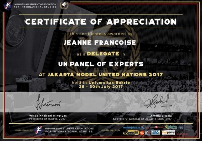 Certificate as Delegate in Jakarta MUN 2017