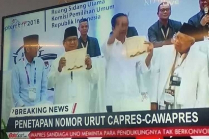 Jokowi-Ma'ruf Amin Nomor Urut Satu, Prabowo-Sandiaga Nomor Urut Dua