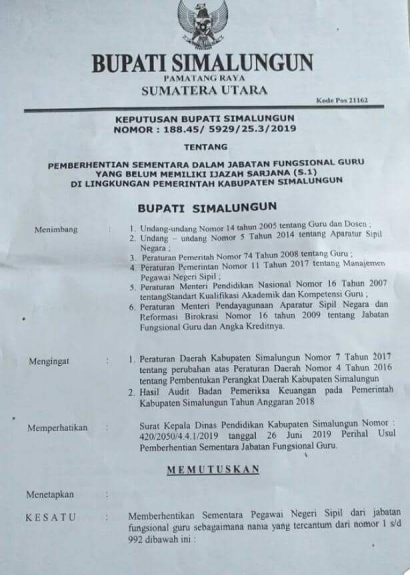 Cabut 3 SK Pemberhentian Guru di Kabupaten Simalungun