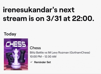 Nanti Malam, Woman GM Irene dan GM Levy Gotham Chess Akan Tanding di Twitch TV