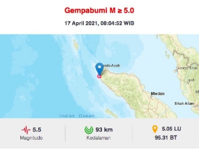 Gempa Bumi Tektonik Magnitudo 5,5 SR Mengguncang Aceh Jaya