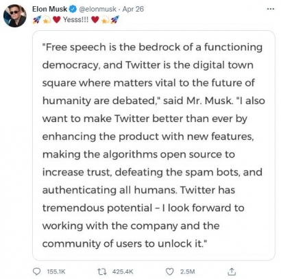 Elon Musk Akan Jadikan Twitter Platform Freedom of Speech sebagai Landasan Demokrasi