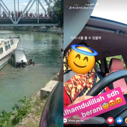 Beberapa Saat Setelah Update Status Bisa Menyetir Mobil, Ibu Ini Menabrak Pembatas Jalan hingga Jatuh ke Dalam Sungai