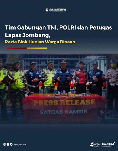 Tim Gabungan TNI, POLRI dan Petugas Lapas Jombang Kanwil Kemenkumham Jawa Timur Razia Blok Hunian Warga Binaan