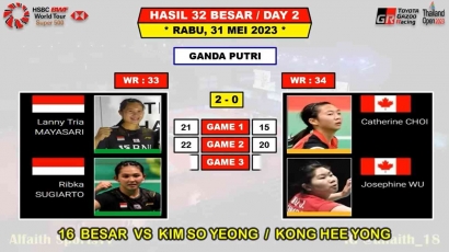 Hasil 32 Besar Thailand Open 2023: Lanny dan Ribka Menang, 3 Wakil Indonesia Lolos 16 Besar