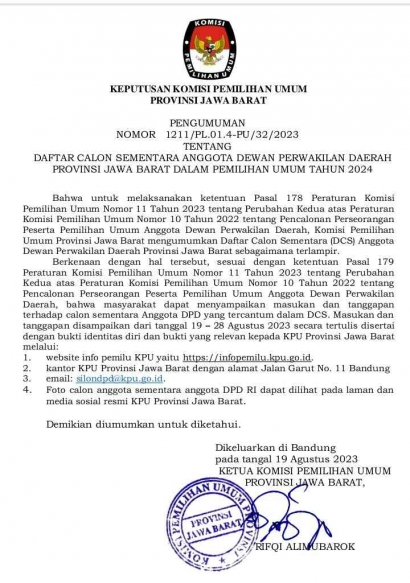 DCS DPD RI dan DPRD Diumumkan Terbuka KPU Jabar