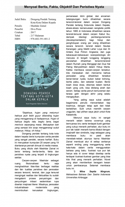 Resensi Buku "Dongeng Pendek tentang Kota-Kota dalam Kepala" Karya Mashdar Zainal oleh Wina Septia Ningrum