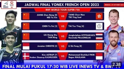 Mendebarkan! Intip Jadwal dan Drawing Babak Final French Open 2023 (29/10): Jonatan Christie Vs Li Shi Feng!