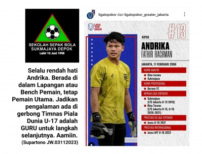 Andrika Fathir Rachman, dari SSB Sukmajaya ke Timnas Indonesia di Piala Dunia U-17 2023