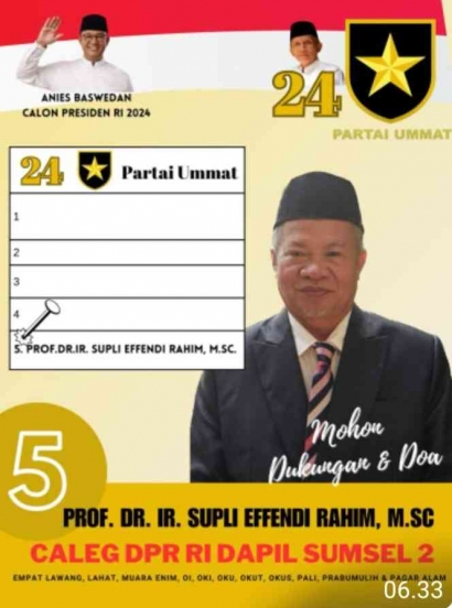 Prof. Dr. Supli Effendi Rahim Caleg DPR Partai Ummat Dapil Sumsel 2