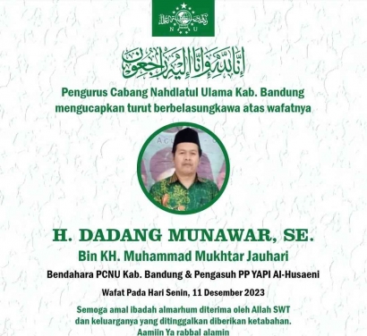 Innalillahi, Bendahara PCNU Kabupaten Bandung, KH Dadang Munawar  meninggal dunia