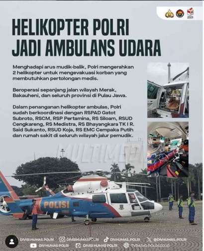 Polri Sediakan 2 Helikopter Sebagai Ambulans Udara Selama Mudik Lebaran 2024