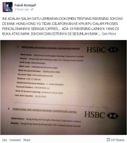 Fitnah Tanpa Kecerdasan: Rekening Rahasia Jokowi di Hong Kong Shangai Banking Corporation
